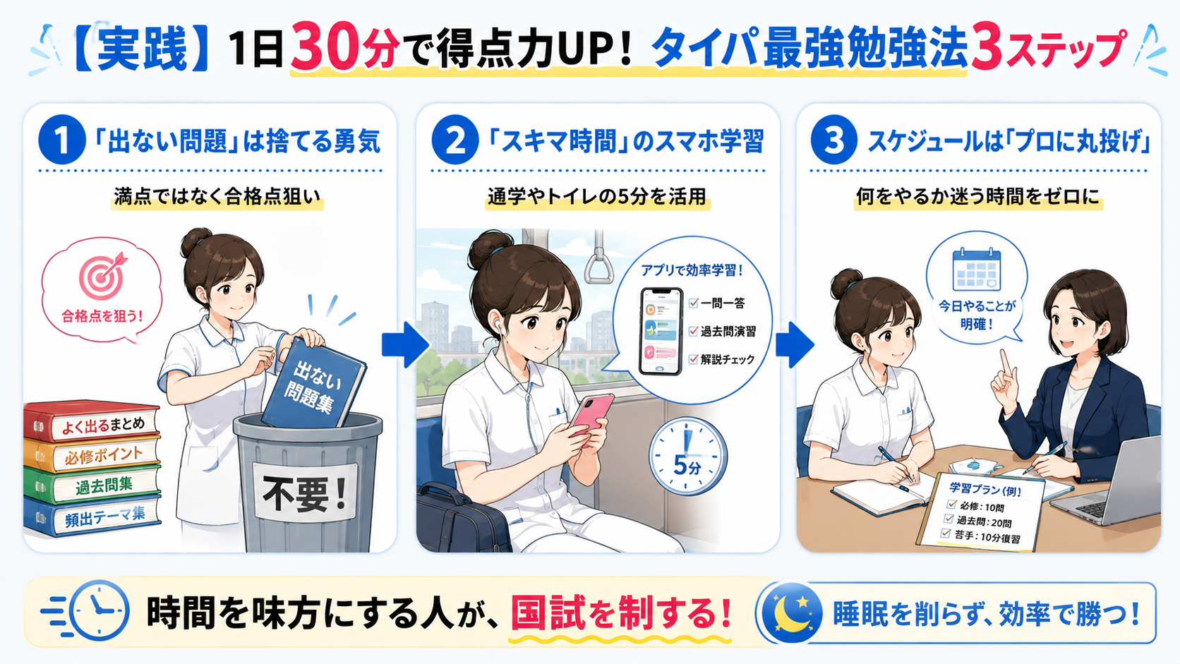 実習で時間がない看護学生向けに、出題頻度の低い問題を絞る・スキマ時間にスマホで学習する・学習スケジュールを教員と組み立てるという国試対策の3ステップを紹介した図解