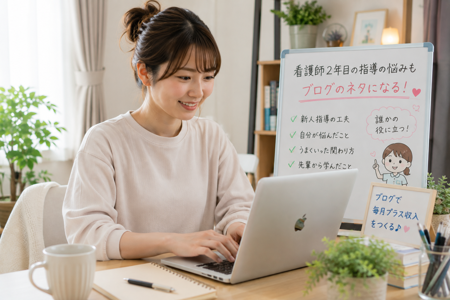 自宅のデスクで、後輩指導で悩んだ経験や学びをブログ記事として楽しくまとめ、副収入につなげる女性