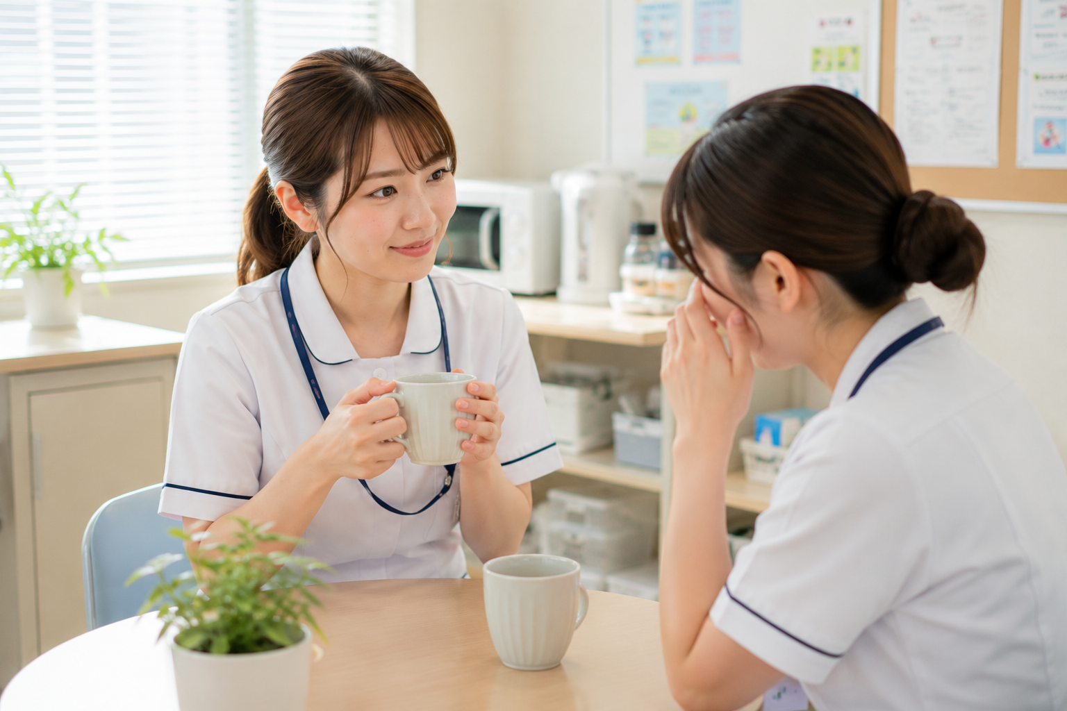 休憩室で新人看護師と温かい飲み物を飲みながら、完璧な指導者ではなく「優しい相談役」として寄り添う2年目看護師