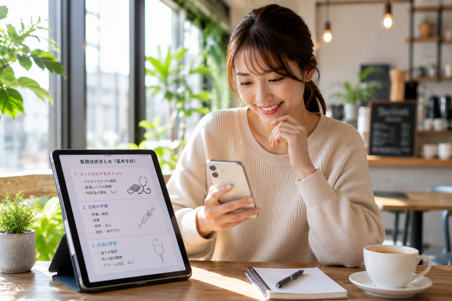 iPadで看護手技を整理しながらスマートフォンで求人情報を検索し、転職準備を進める2年目の女性看護師