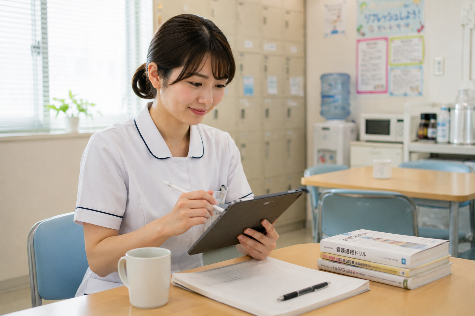 休憩室でiPadを使ってスマートに情報収集や勉強を行い、精神的なゆとりを取り戻している看護師