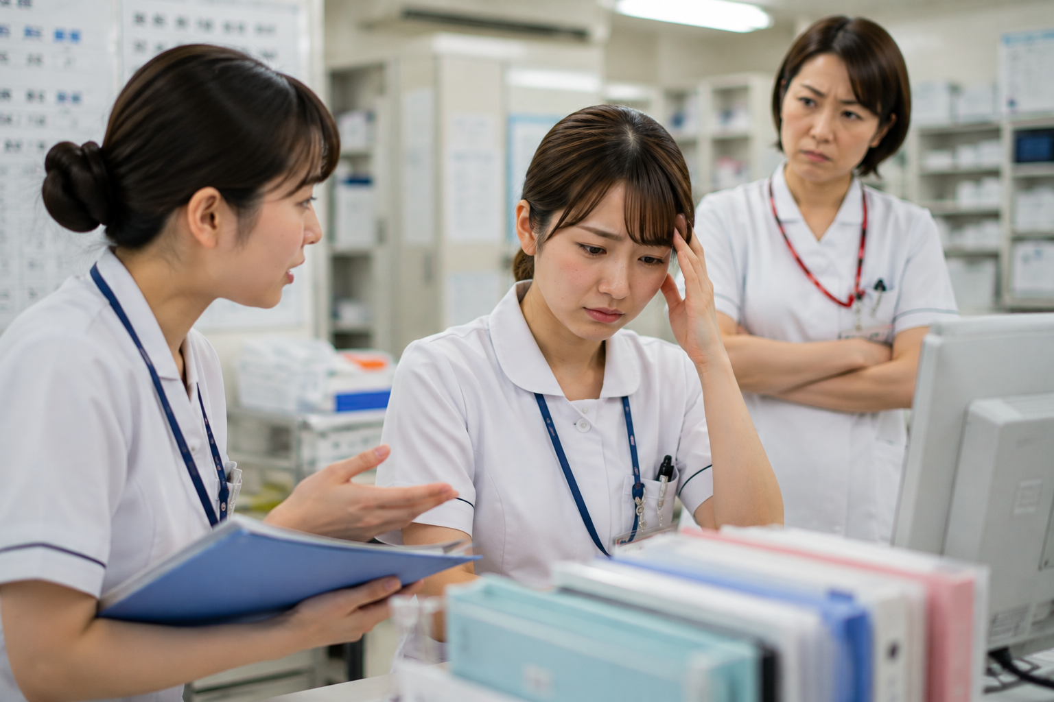 ナースステーションで新人看護師に質問され困惑しつつ、背後からは先輩看護師の厳しい視線を浴びて板挟みになる2年目看護師