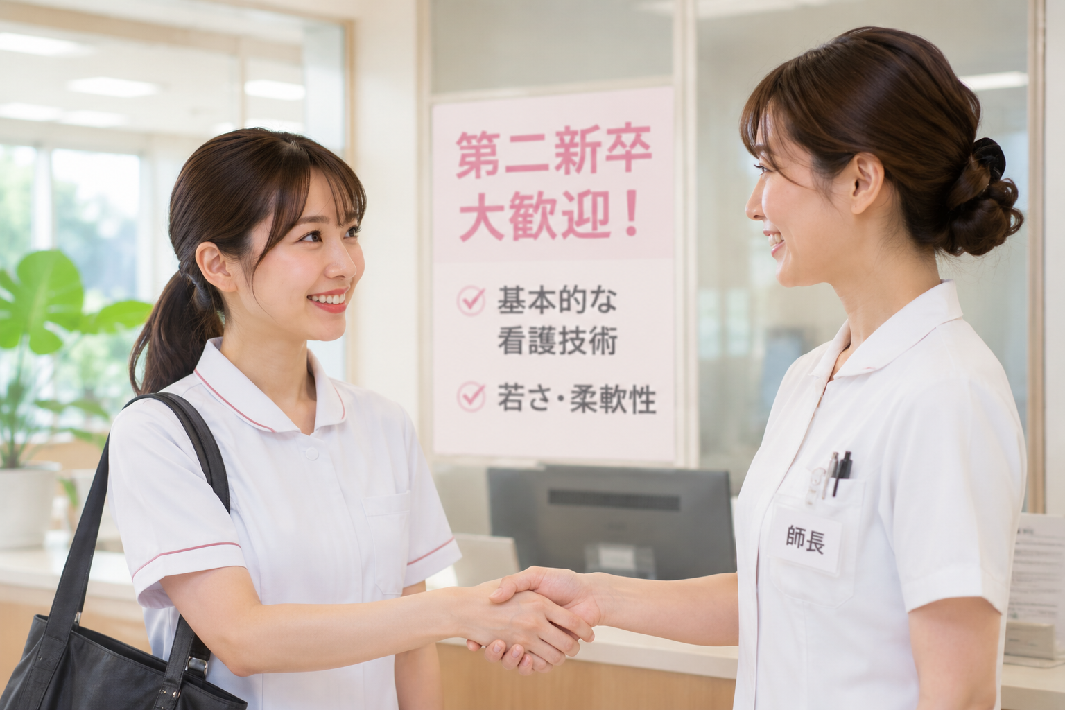 第二新卒として歓迎され、クリニックの師長と笑顔で握手を交わす2年目の若い女性看護師