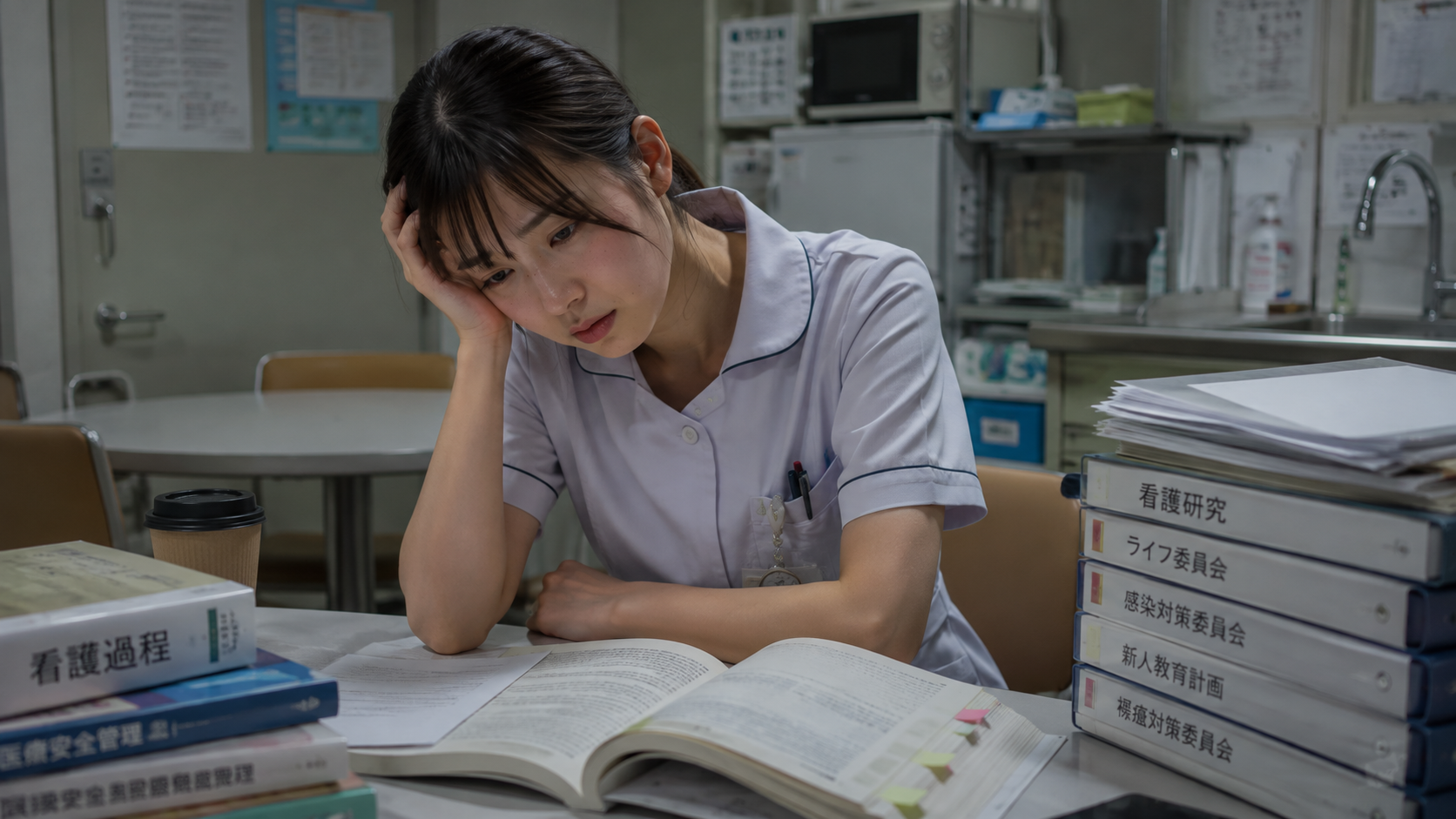 病院の休憩室で看護研究や委員会業務の資料に囲まれ疲れ切っている20代女性看護師
