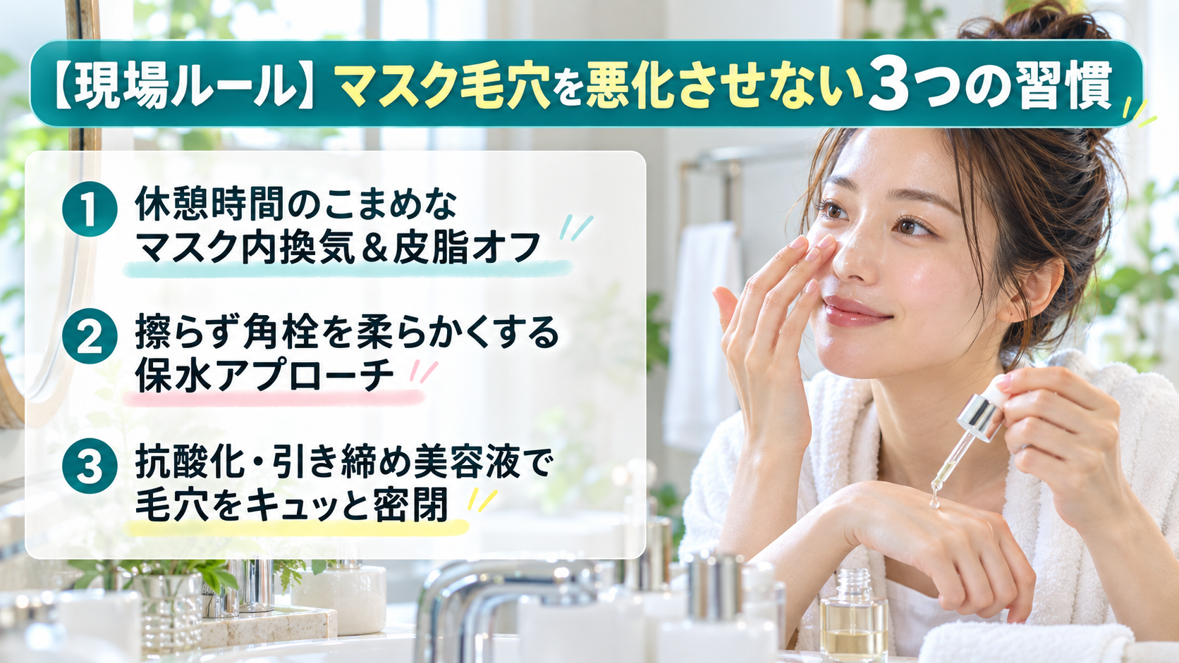 帰宅後の洗面台で美容液を使って小鼻やTゾーンをケアする20代女性。マスク内の蒸れや皮脂、摩擦による毛穴詰まりを防ぐ3つの習慣を紹介した画像。