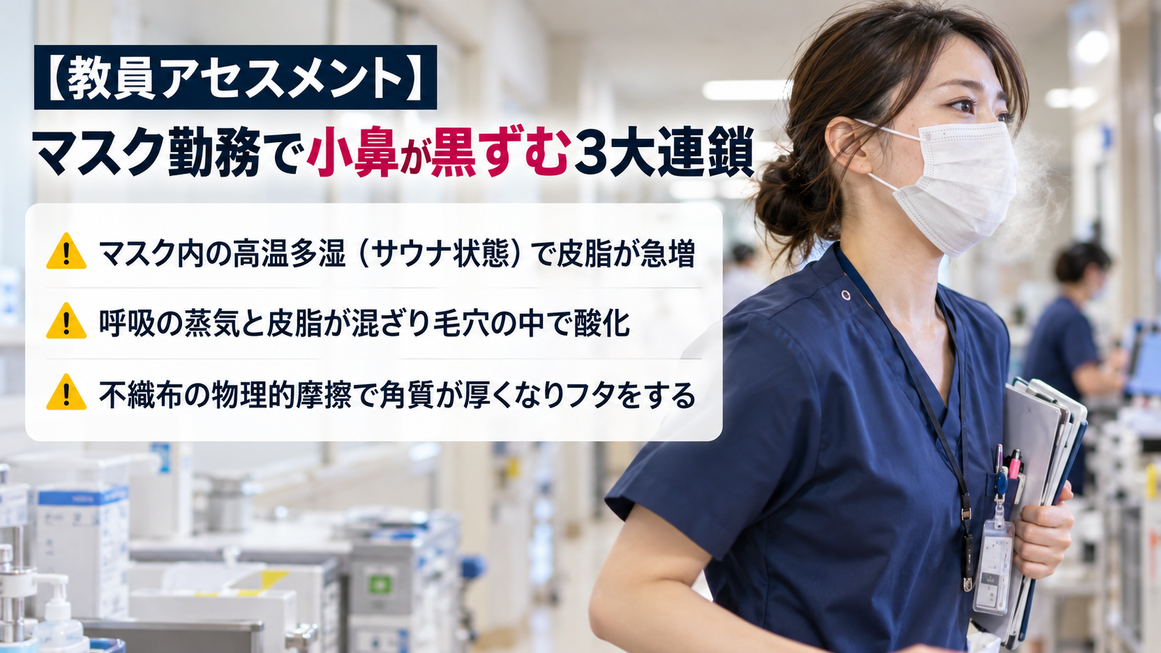 病院内で不織布マスクを着けて働く女性看護師の横顔と、マスク勤務で小鼻が黒ずむ原因を3つの連鎖で解説した画像。高温多湿、皮脂の酸化、不織布の摩擦による角質肥厚を説明している。