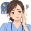 夜勤明けに顔のテカリを気にして頬に触れる看護師のイラスト