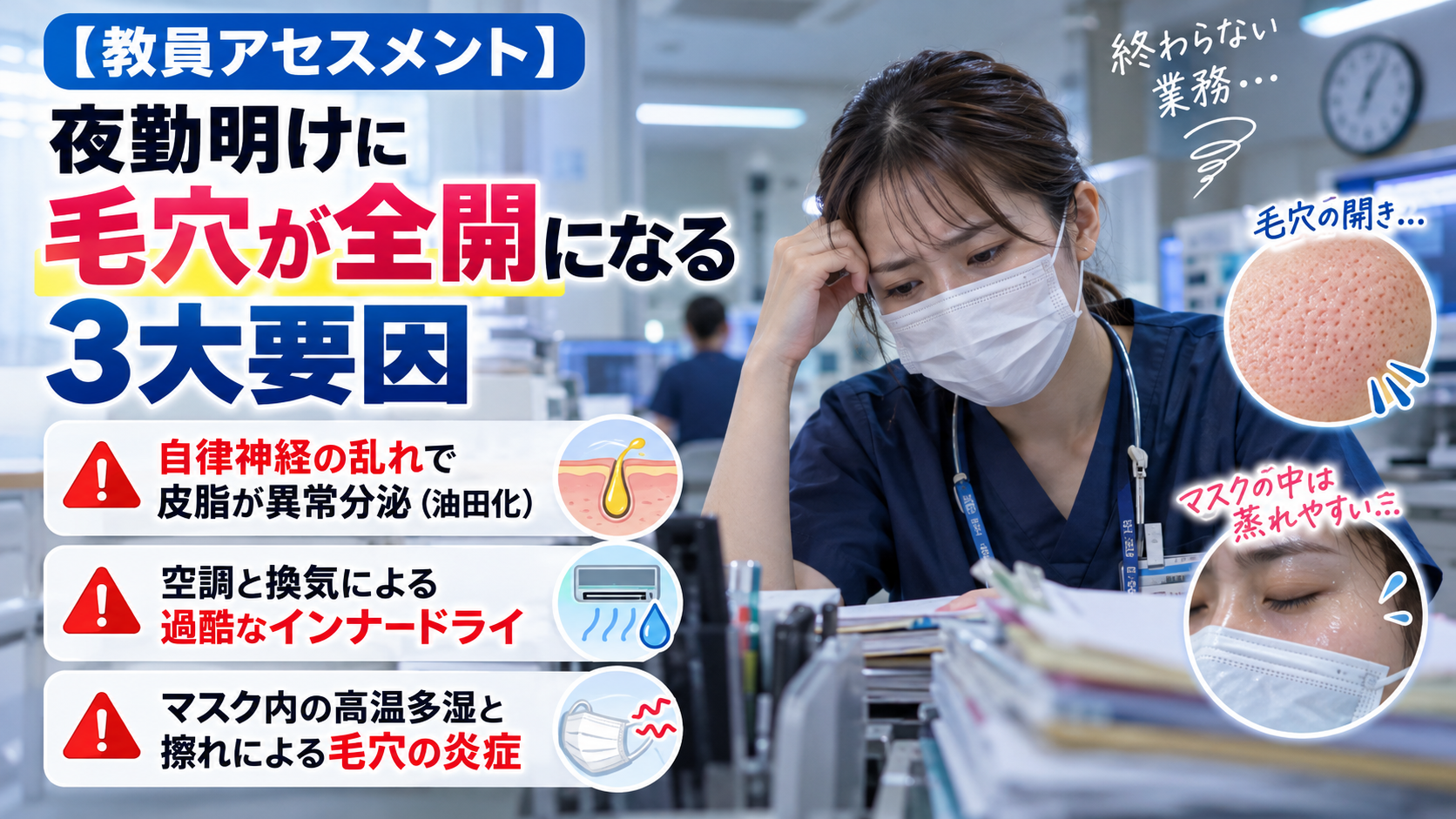 夜勤明けの日本人女性看護師がナースステーションで疲れた表情を見せながら、毛穴が開く3大要因(皮脂の異常分泌、インナードライ、マスク蒸れと摩擦)を解説しているアイキャッチ画像