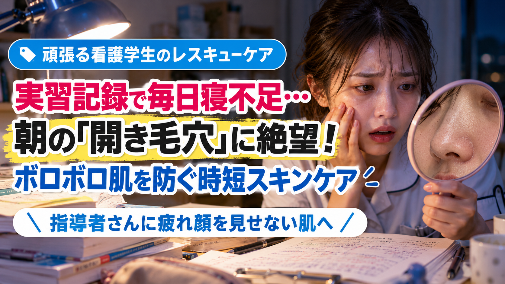 深夜の部屋で看護実習の記録や教科書に囲まれた20代の日本人女性看護学生が、手鏡で頬や鼻の毛穴を見て疲れた表情をしているブログ用アイキャッチ画像。『実習記録で毎日寝不足…』『朝の開き毛穴に絶望！』『ボロボロ肌を防ぐ時短スキンケア』の文字入り。