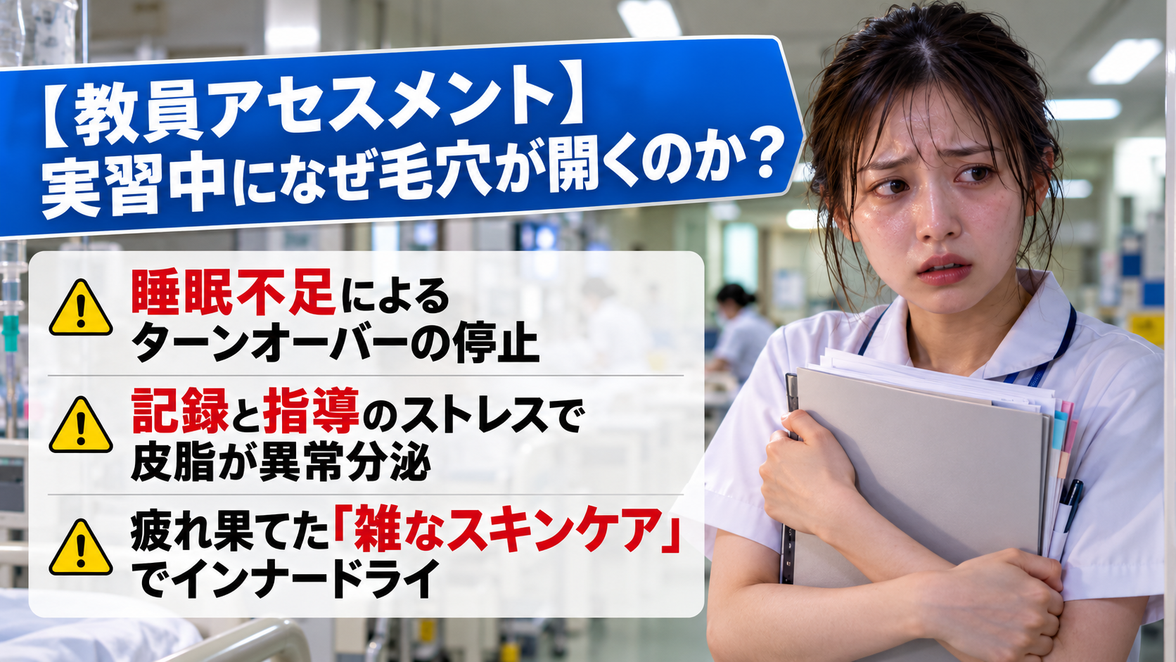 病院の実習室・廊下で、バインダーを抱えて緊張した表情を見せる日本人女性の看護学生の実写風画像。『【教員アセスメント】実習中になぜ毛穴が開くのか？』という見出しと、『睡眠不足によるターンオーバーの停止』『記録と指導のストレスで皮脂が異常分泌』『疲れ果てた雑なスキンケアでインナードライ』の説明が入ったアイキャッチ画像。