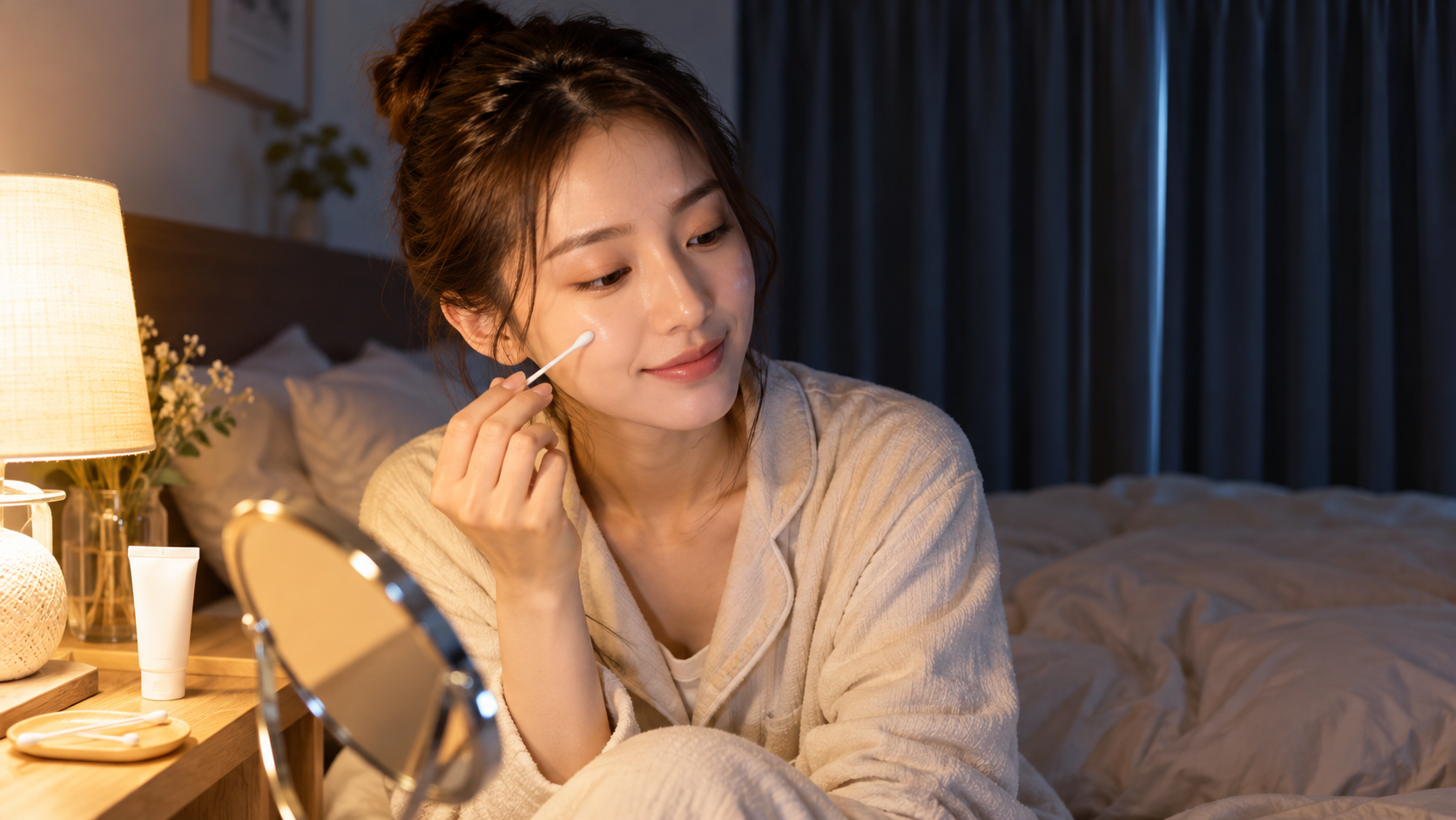 遮光カーテンを閉めた薄暗い寝室で、間接照明のもと綿棒を使って頬にスキンケアクリームを塗る20代日本人女性。夜勤明けの看護師が自宅でハイドロキノンを使用する際のスキンケア風景。