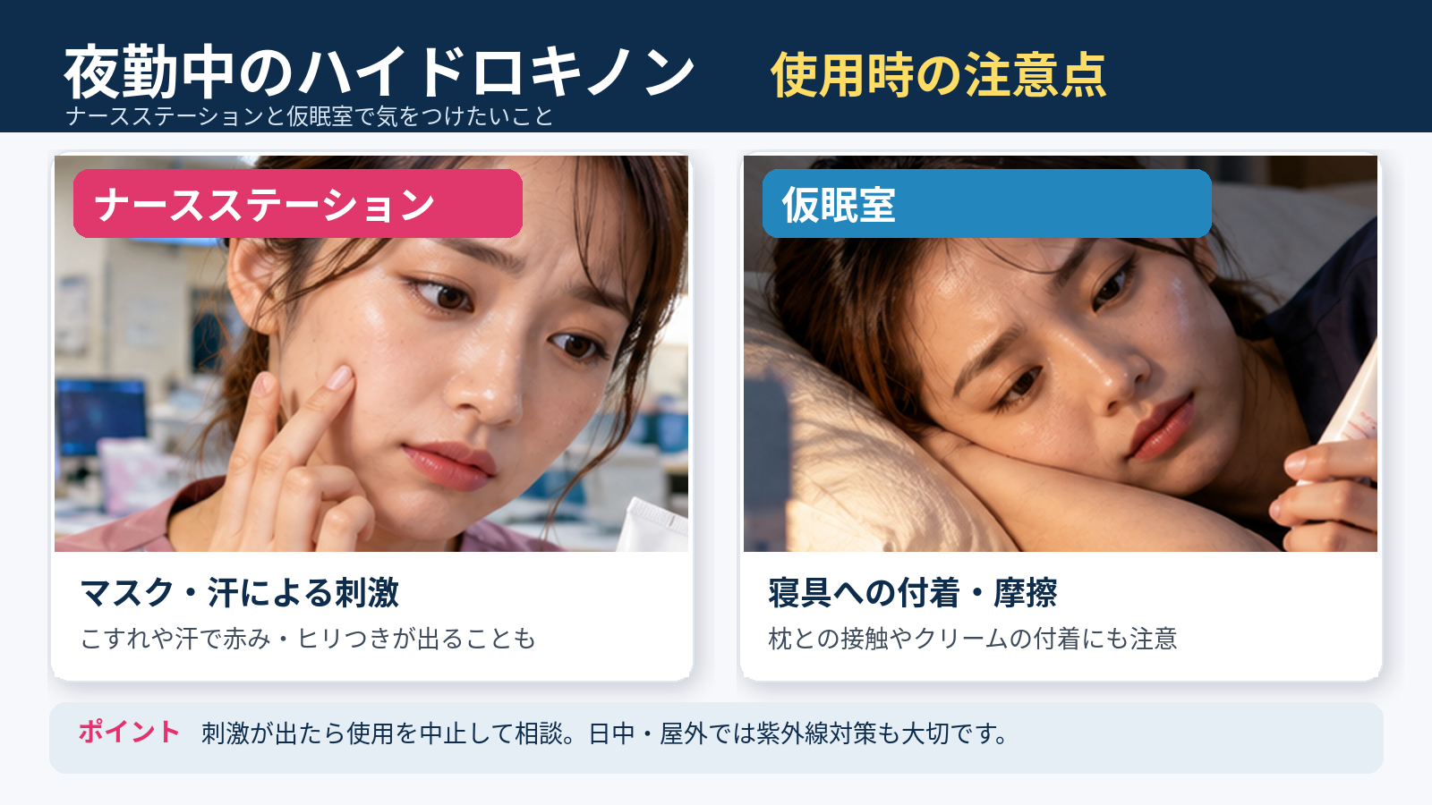 夜勤中のナースステーションと仮眠室でハイドロキノンクリームを手にする女性看護師。蛍光灯などの室内照明、マスクや寝具との摩擦、汗による肌刺激など、夜勤中のハイドロキノン使用時の注意点を比較した解説画像。