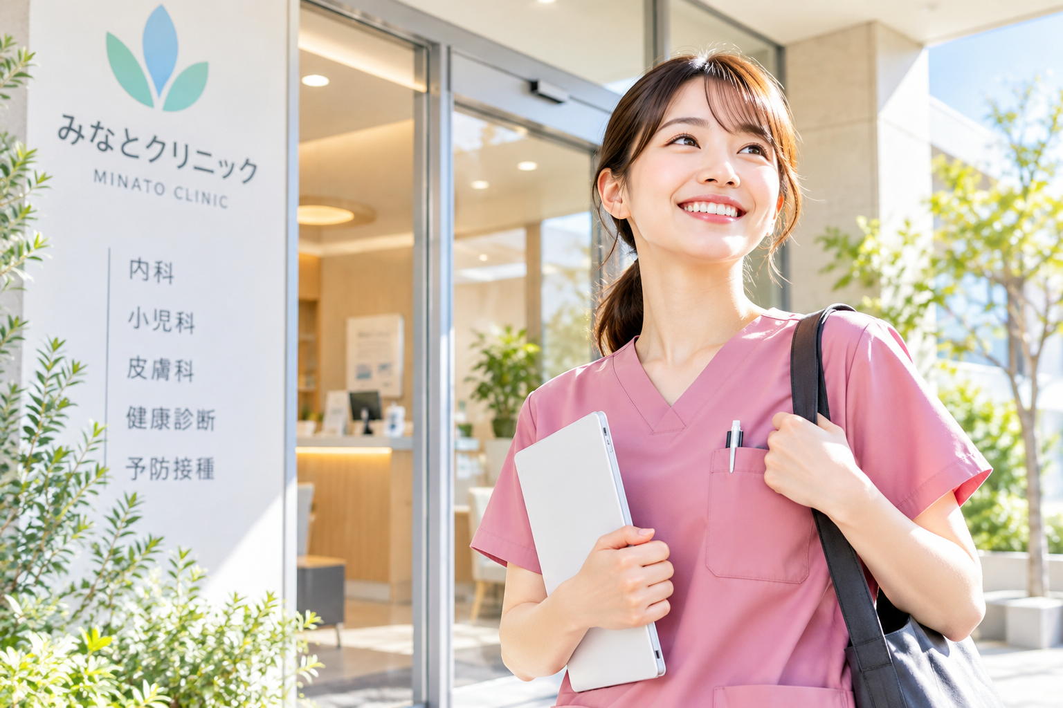 明るく清潔感のあるクリニックの入り口で、自信に満ちた笑顔を見せるピンクのスクラブ姿の女性看護師。ジョブメドレーを活用し、自分に合った職場への転職を実現したイメージ。