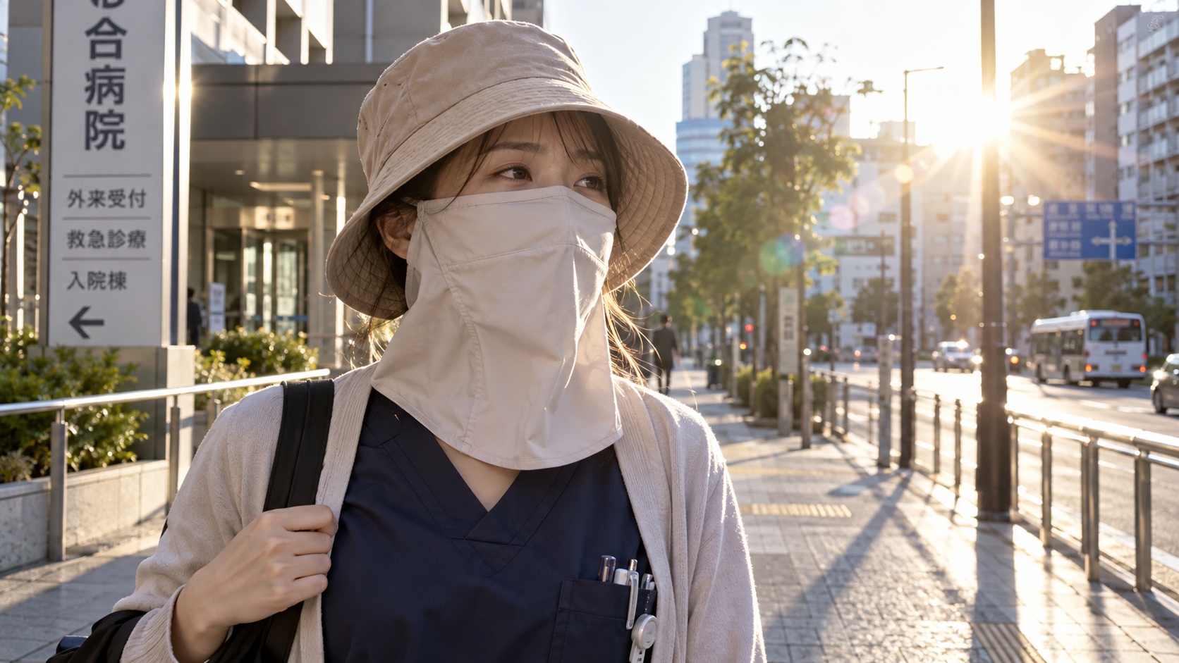 夜勤明けの朝、駅前の通勤路を歩く日本人女性看護師。深めのベージュの帽子とUVカットマスクを着用し、ハイドロキノン使用中の肌を紫外線から守る日焼け対策をしている様子。